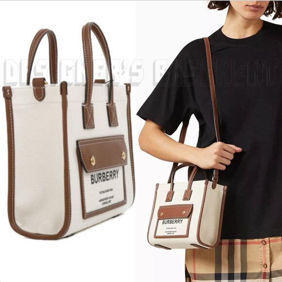 BURBERRY ivory Canvas FREYA Horseferry Logo Leather trim Crossbody Tote Bag NWT - Picture 9 of 11